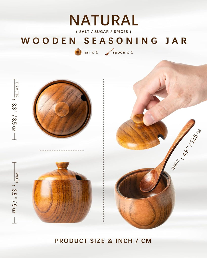 Jujube Wood Salt Cellar, 6 oz Box with Lid and Spoon, 3.3 Inch