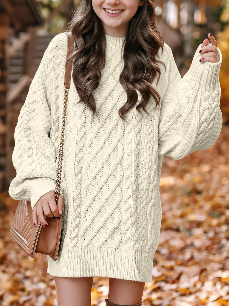 Girls Cable Knit Sweater Dress Crew Neck Long Sleeve Casual Teen Tween Pullover Fall Winter Dresses Loose Outfits