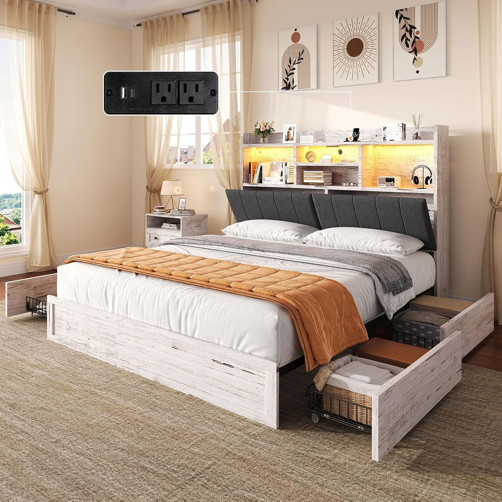 Queen Bed Frame with 51.2" Tall Bookcase Headboard, Farmhouse Platform Bed with 4 Storage Drawers, Linen Upholstered
