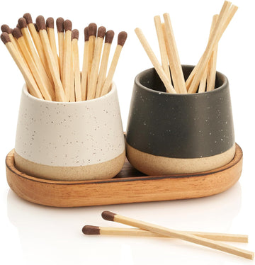 Decorative Ceramic Match Holder with Wooden Tray with Striker - Set of 2