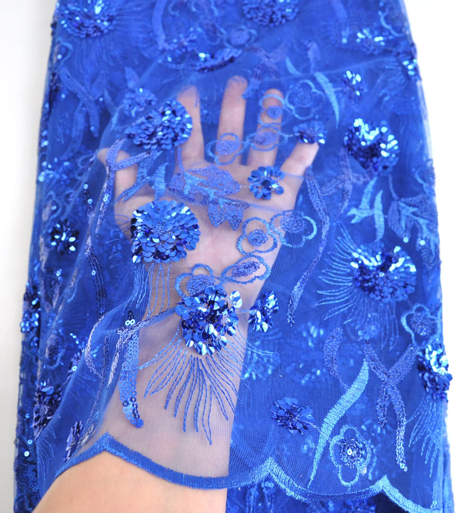 Fabric 5 Yards Sequins Embroidery for Party Dress (Blue)