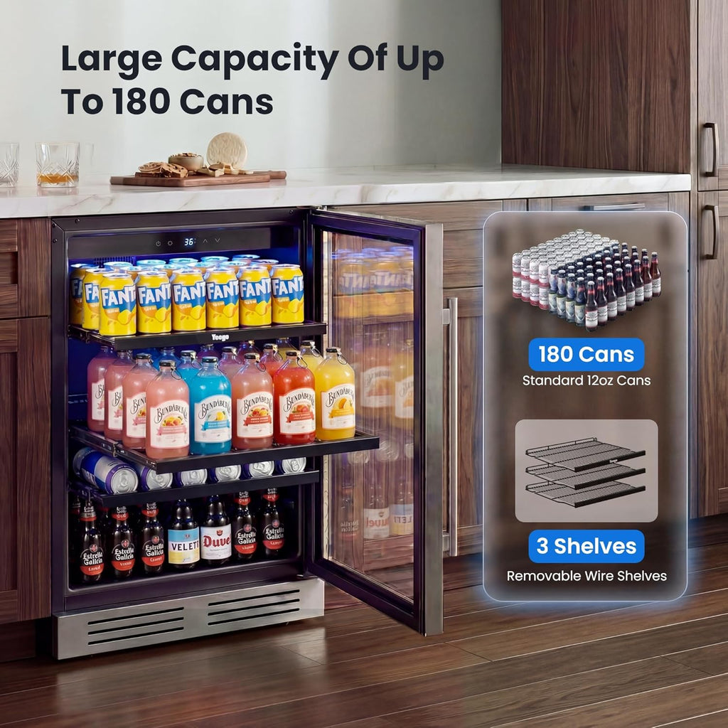Beverage Refrigerator & Drink Fridge - 24 inch 180 Cans Beer Cooler Glass Door, 34