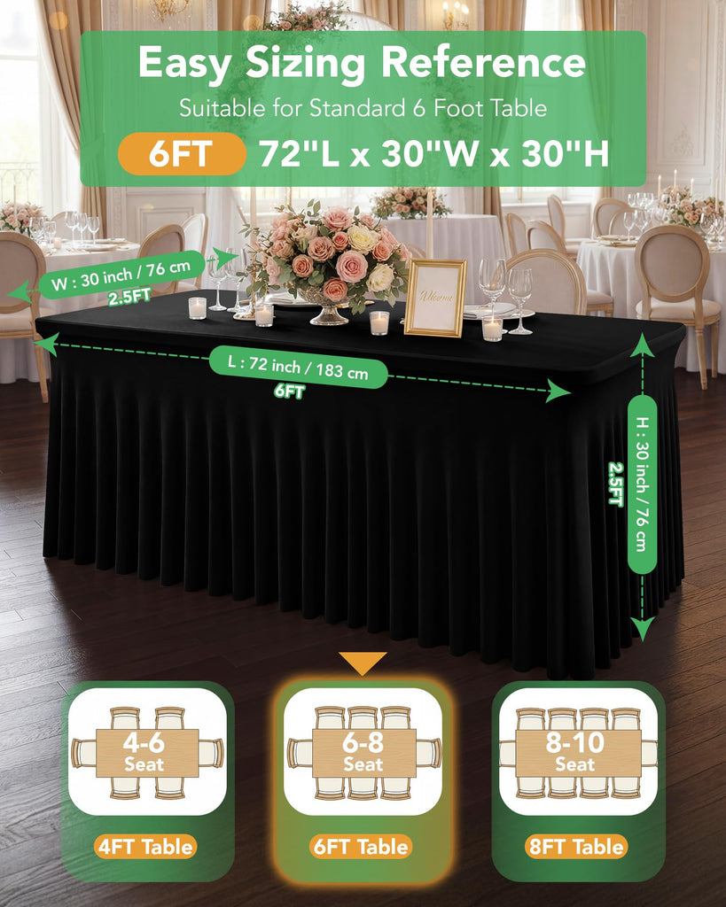 Spandex Table Cover Skirts with Floor-Length Ruffle, 6 ft, Black, 4 Pack