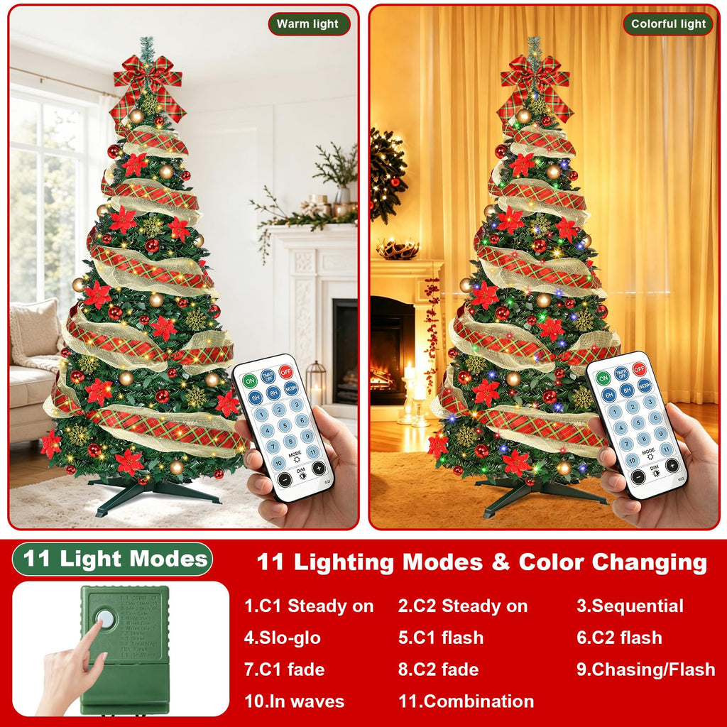 6 Ft Pop up, Collapsible with Lights 200 LED Pre-Lit Christmas Trees Plug-in with Remote Timer 11 Lighting Modes for