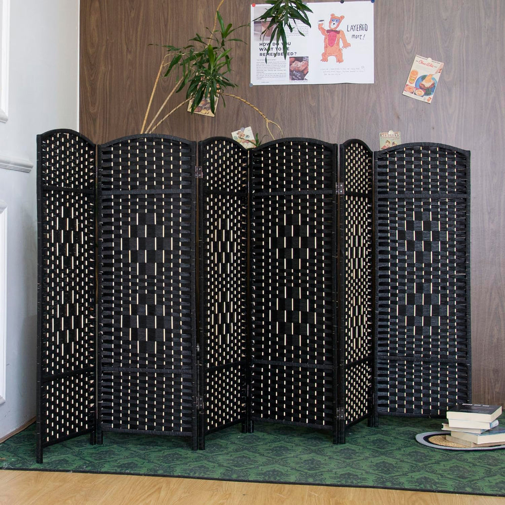 6 Panel Black Rattan Room Divider for Room Separation, 47.2" Low Height Double Sided Folding Privacy Screen