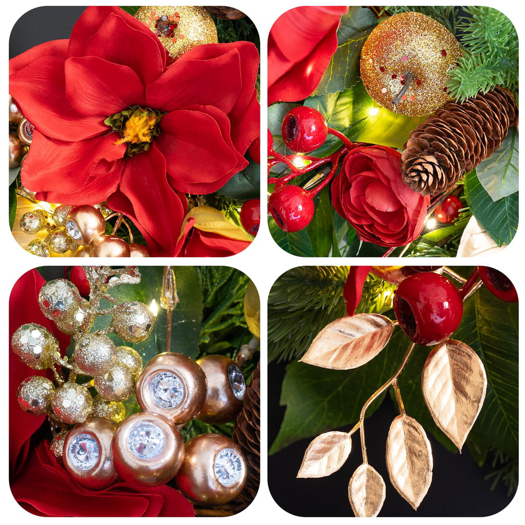 24 Inch Magnolia Christmas Wreath for Front Door, Christmas Wreath with LED Lights, Red Flowers, Red Berries
