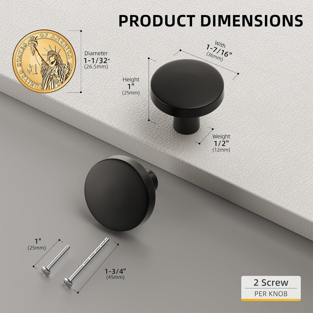 30 Pack Matte Black Cabinet Knobs Hardware Handles Round Dresser Drawer Knob Bifold Modern Cabinets Pulls,1.27 Inch
