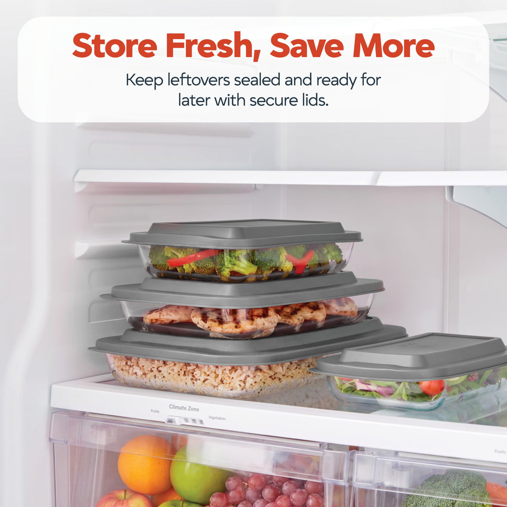 8 Piece Glass Baking Dish Set with Lids, BPA Free, With Easy Grip Slide On Silicone Handles (1.06QT, 1.69QT, 2.32QT