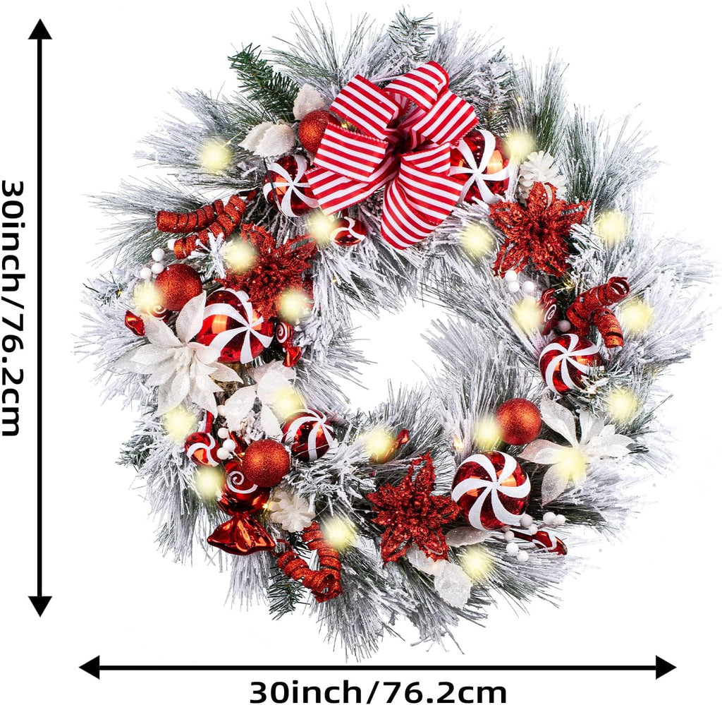 30 Inch Pre-Lit Red White Christmas Wreaths for Front Door