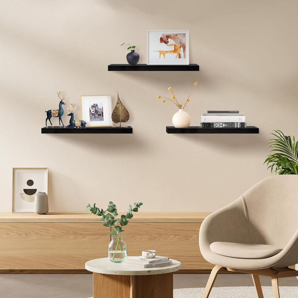 Floating Shelves for Wall Set of 3, 16 Inch Black Floating Shelves Bedroom | Smooth Black Finish, Engineered Wood