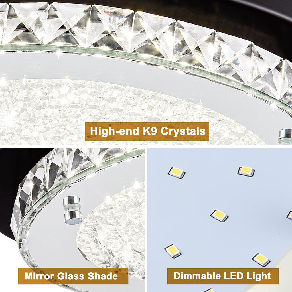 Flush Mount Ceiling Light Small Crystal LED Hallway Ceiling Lighting 10'' | 4000K, Dimmable, Mini, Black Crystal