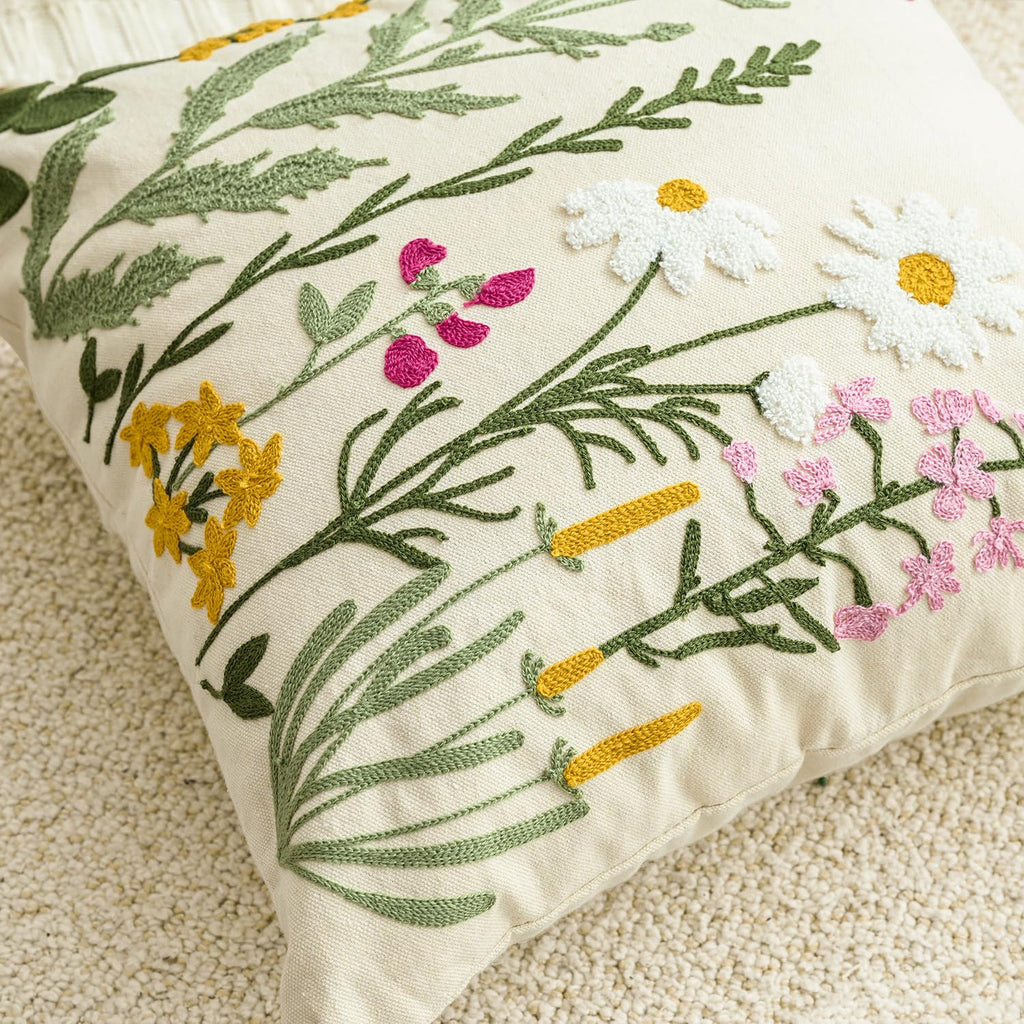 Spring Summer Floral Daisy Embroidered Throw Pillow Covers, 12 x 20 Inch Beige Colorful Flowers Decor Tufted
