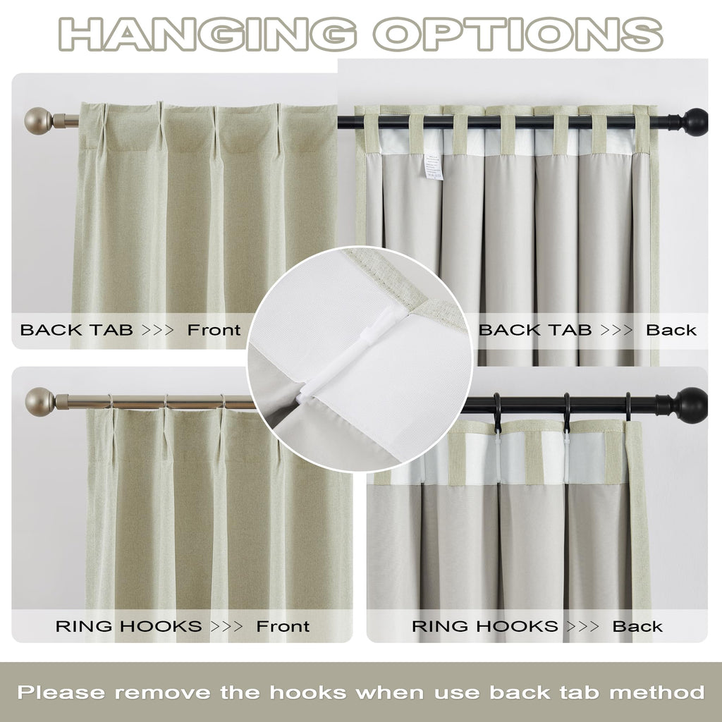 Linen Blackout Curtains Drapes 96 Inches Long 2 Panels Set, Pinch Pleated Farmhouse Room Darkening Thermal Insulated