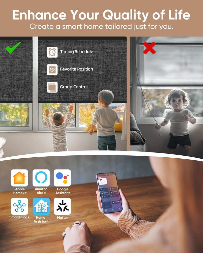 Motorized Blinds with Remote, APP, Voice Control - 100% Blackout (Mist Ash Grey)