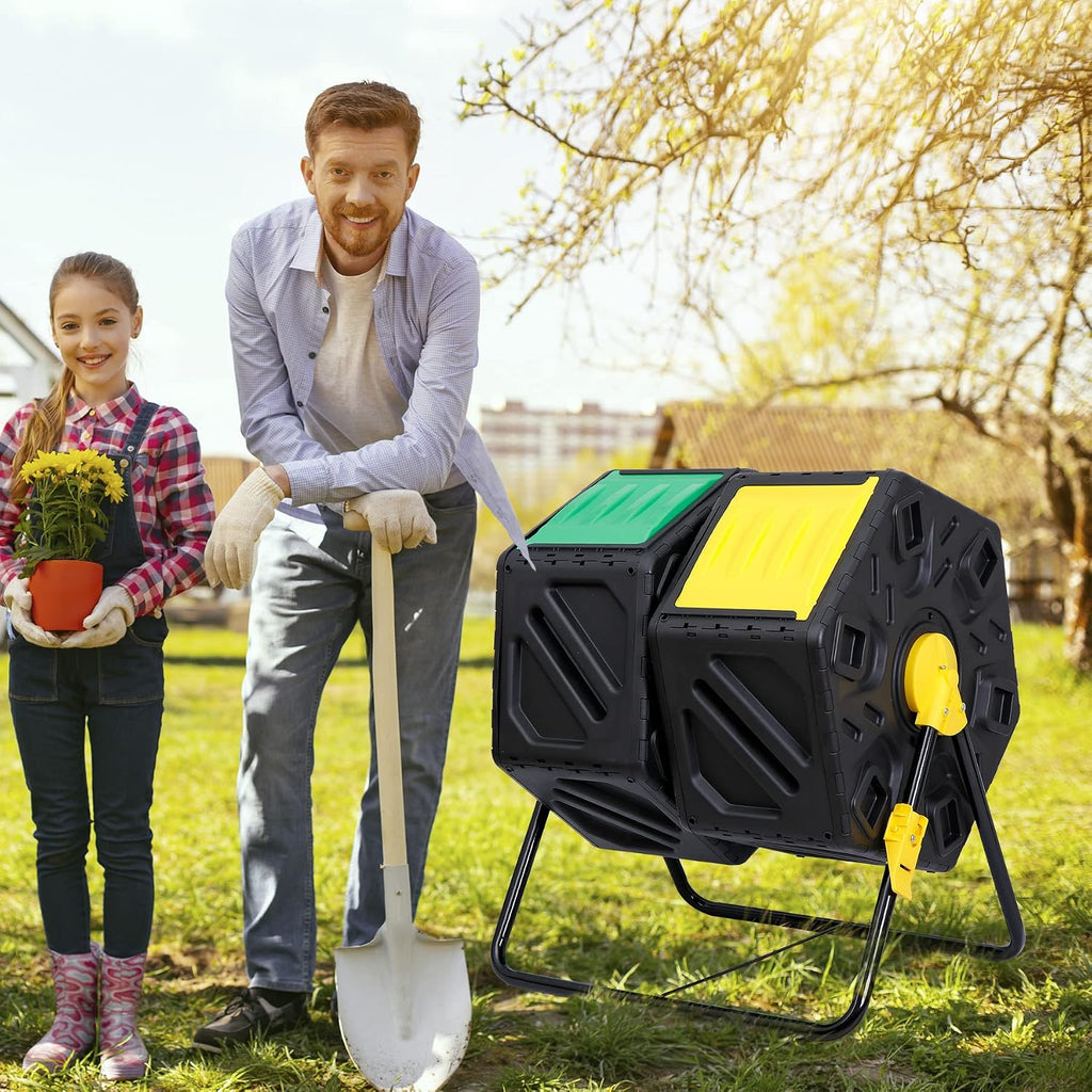 Dual Chamber Composting Tumbler Bin, Tumbling Composter with 2 Sliding Doors for All Season Outdoor, Gardens, Yard