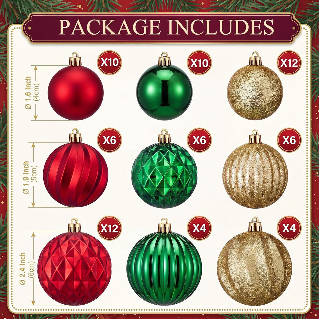 64 Pcs Christmas Tree Decoration Ball Ornaments, Red Green