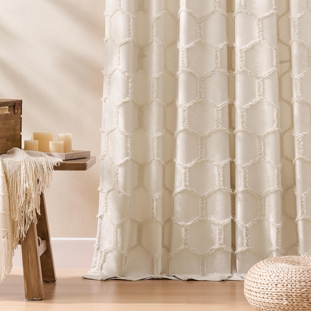 Cream Beige Geometric Curtains 84 Inches Long Back Tab Semi Sheer Fluffy Jacquard Curtains Hexagon Lattice Pattern