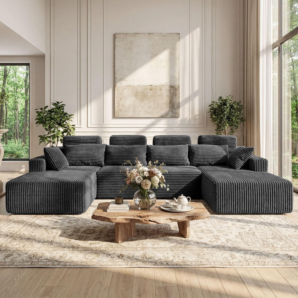 Boneless Couches - 134" Modular Sectional Sofa U Shaped Oversized Deep Seat High Back Corduroy No Assembly Modern