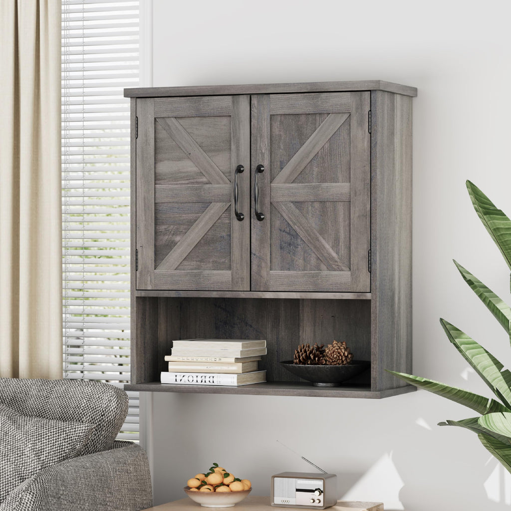 Farmhouse Bathroom Cabinet Wall Mounted, Washed Grey Small Medicine Cabinet with Adjustable Shelf, Bathroom Cabinet