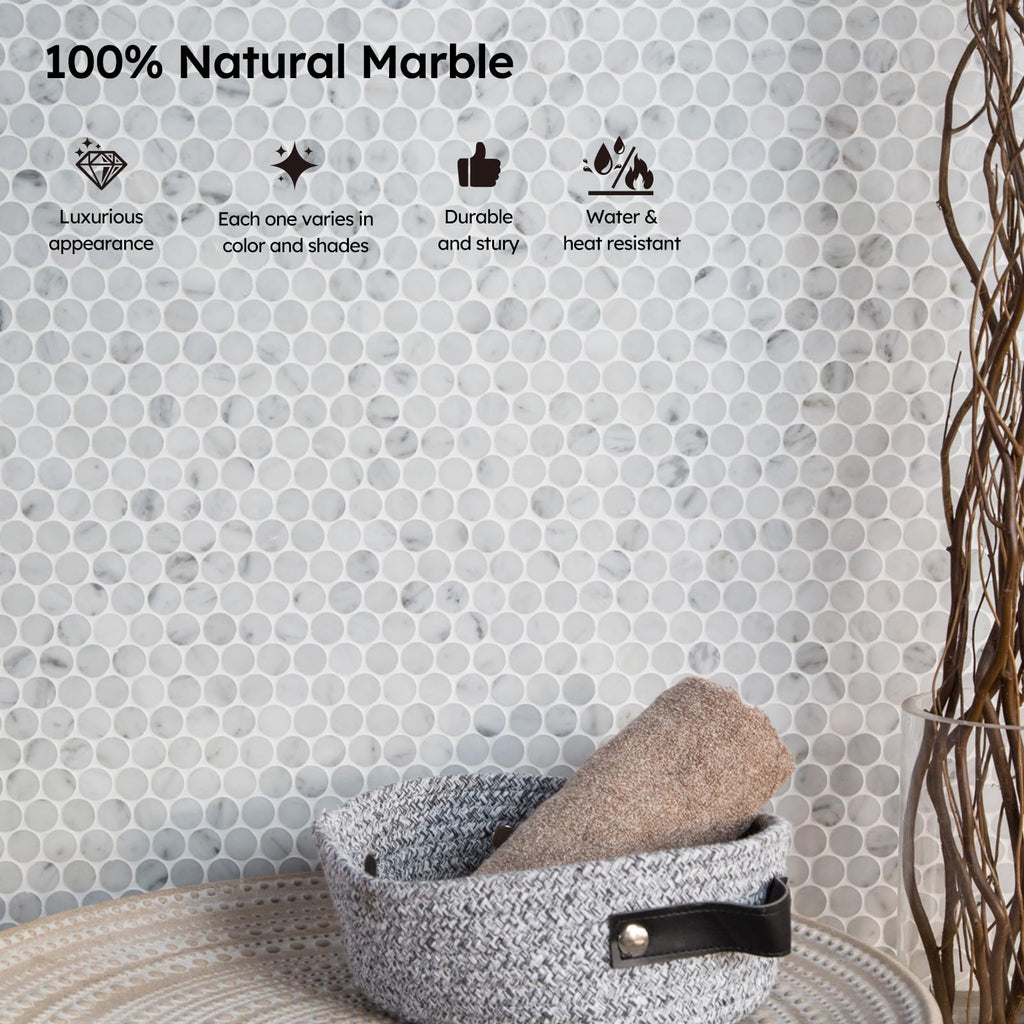 White Marble Mosaic Tile, 3/4 Inch Penny Round, Polished, 5 Sheets