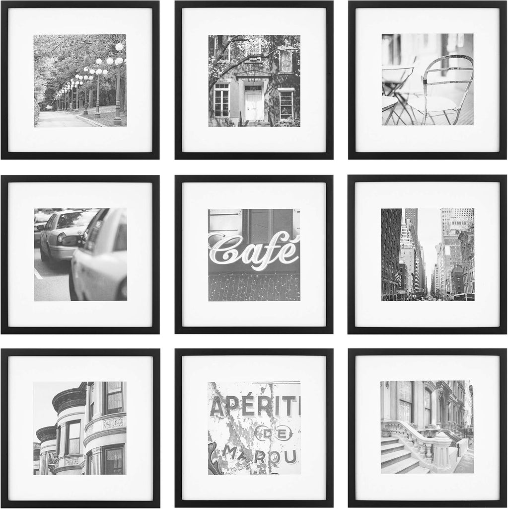 12x12 Picture Frames, 9 Piece Set with Real Glass Cover for 8x8 Photos With Mat, Picture Frames Collage Wall Decor