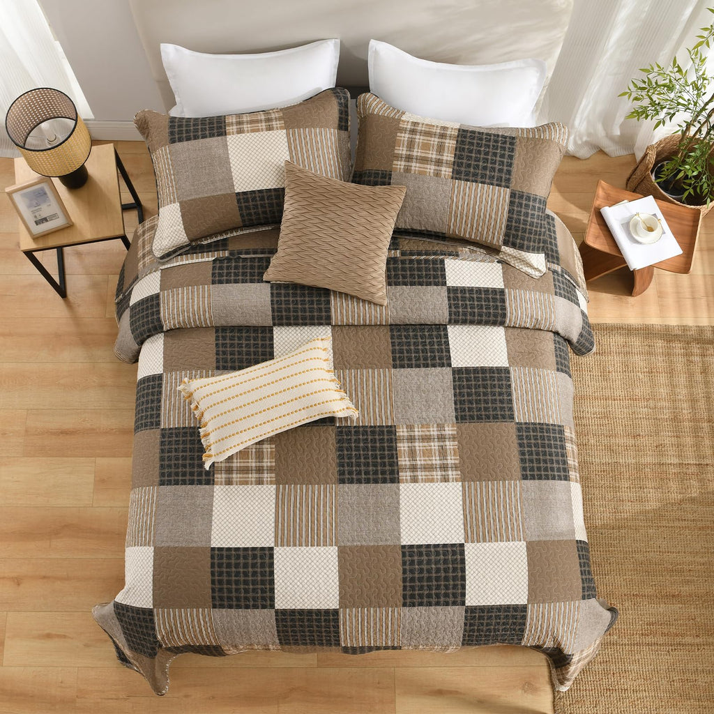 Quilt Set, Farmhouse Plaid Comforter, Cotton Quilted Bedspread, Charcoal Beige Brown Lightweight