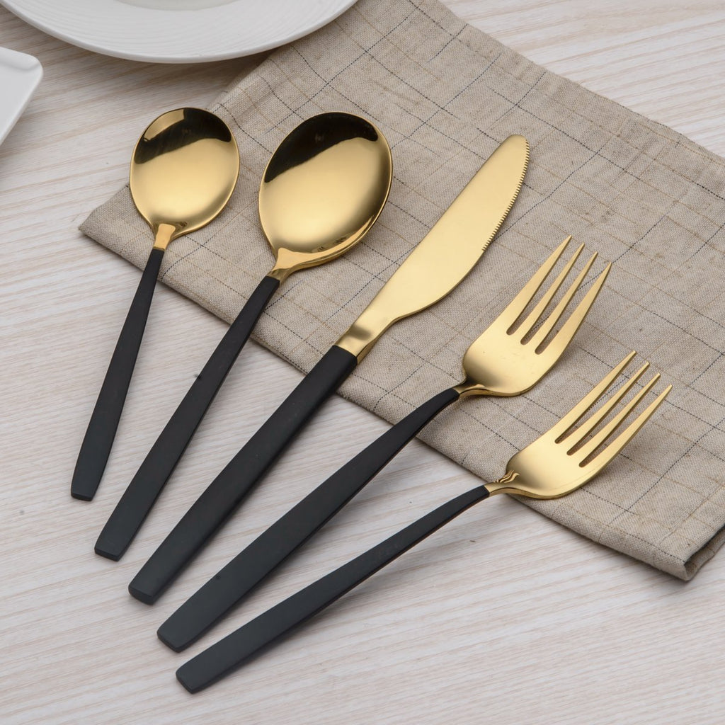20 Piece Titanium Black And Golden Plated Stainless Steel Flatware Set, Handle With Mouth Silverware Set And Cutlery