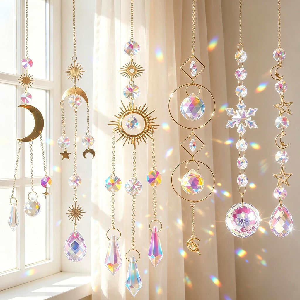 6 Pack Crystal Suncatchers for Window, Rainbow Prism Hanging Decor - Sun Catchers Indoor Hanging Decor with Sun Moon