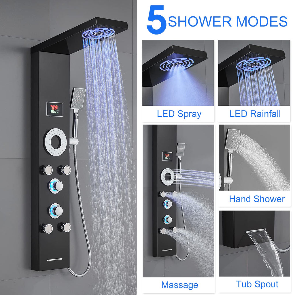 LED Shower Panel Tower System with 2 in 1 Rainfall Shower Head