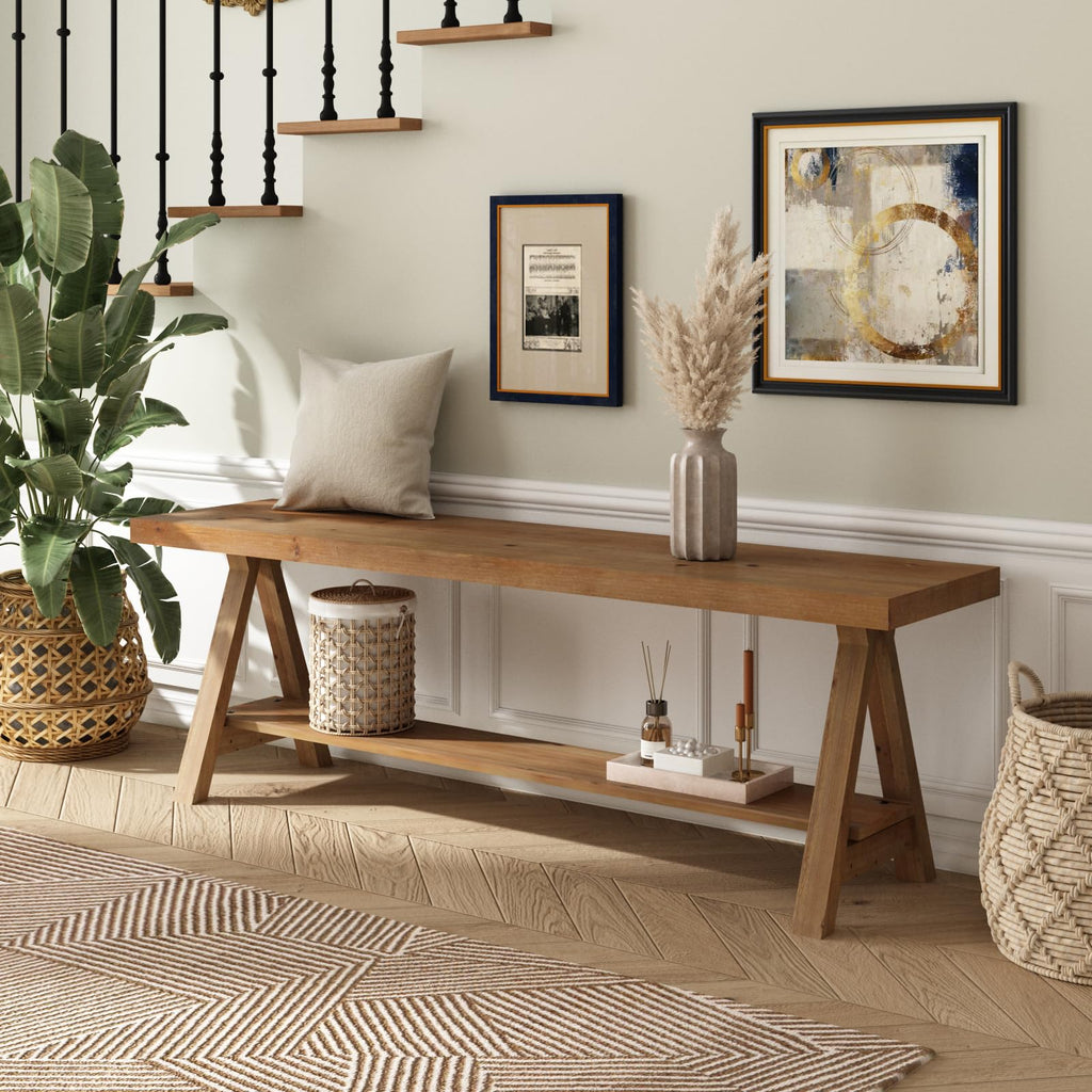 54" Solid Wood Bench, Long Entryway Bench with Shoe Storage