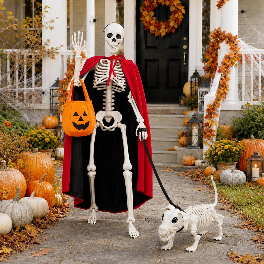 36'' Halloween Skeleton Decoration with Skeleton Dog, Cape and Pumpkin Bag