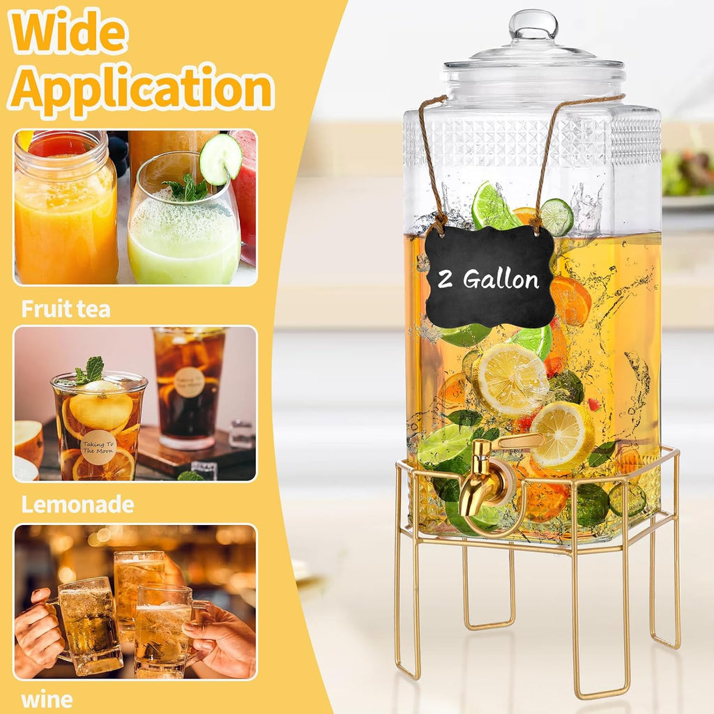 Drink Dispenser,2 Gallon Drink Dispensers for Parties,Beverage Dispenser with Stand,Glass Lid and Stainless Steel