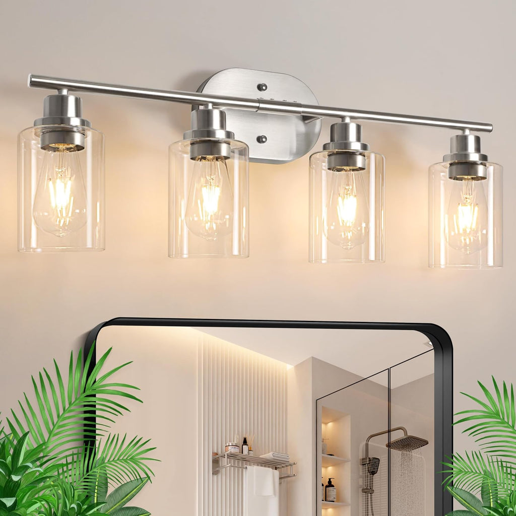 4-Light Bathroom Light Fixtures, Modern Vanity Lights with Clear Glass Shade, Brushed Nickel Wall Lamp Mirror Hallway