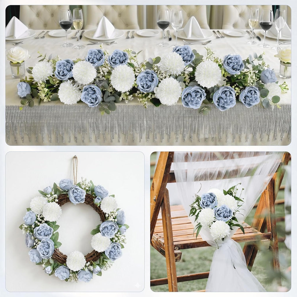 Bundles Peonies Artificial Flowers Bulk, Dusty Blue & White - Set of 32
