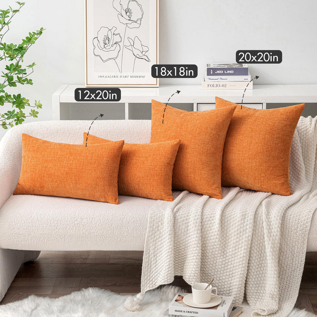 Soft Chenille Fall Throw Pillow Covers Orange 20x20 Inch Pack of 2