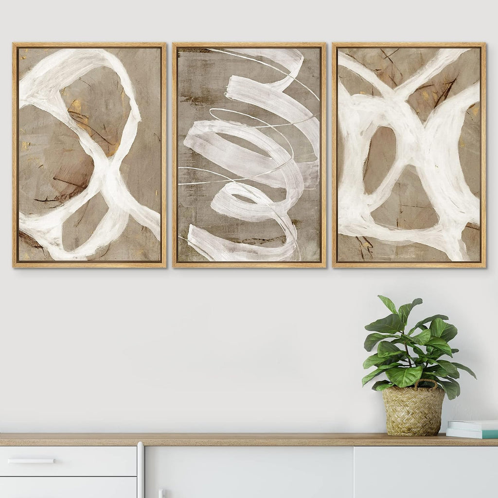 Framed Canvas Print Wall Art Set White Brown Pastel Paint Strokes Shapes Abstract Illustrations Modern Art Decorative