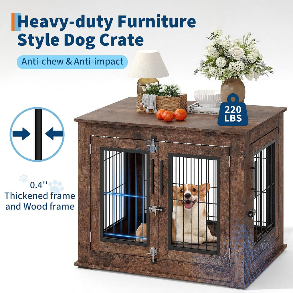 Farmhouse Dog Crate Furniture End Table - Heavy Duty Wooden Kennel Cabinet with Double Doors for Small/Medium Dogs