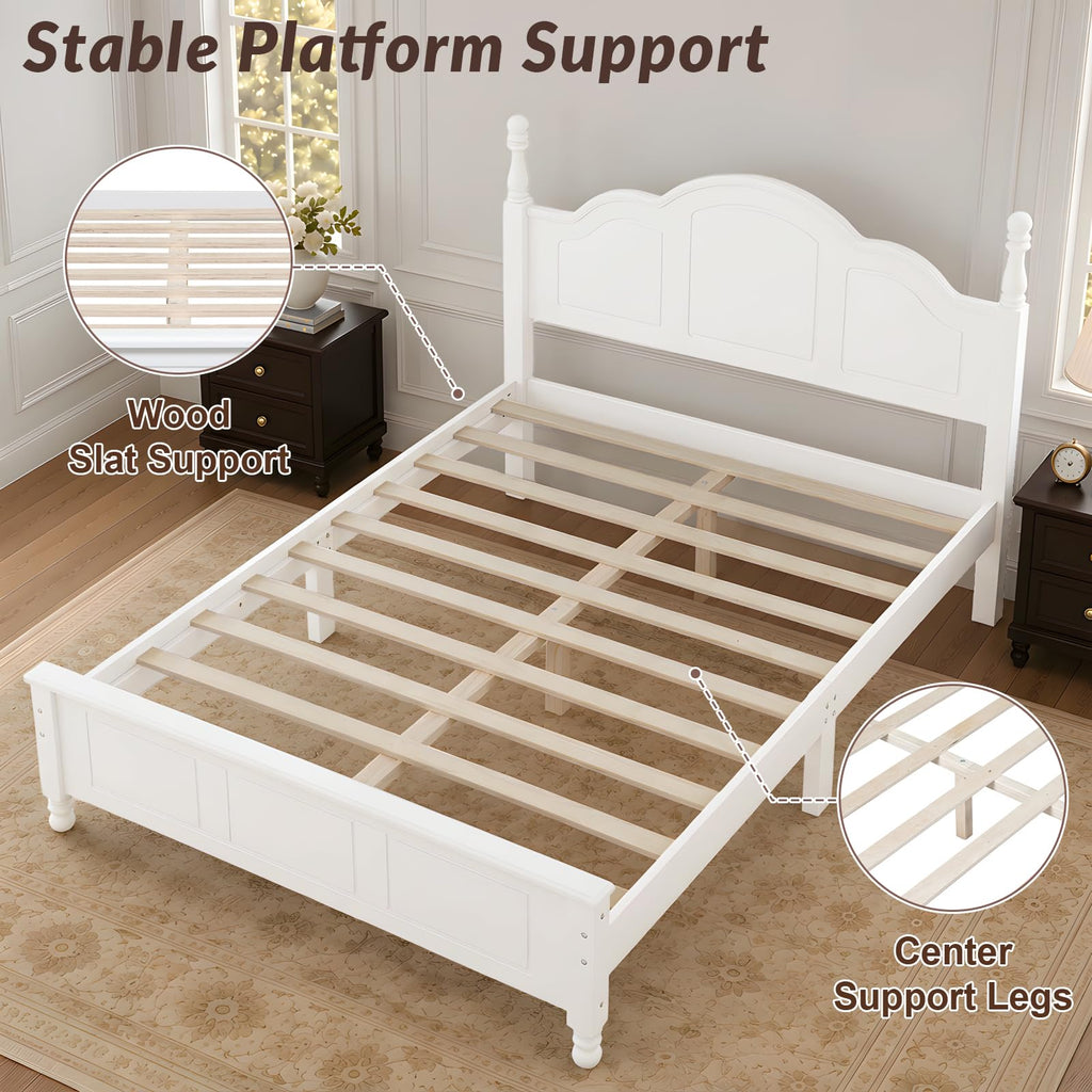 Farmhouse Bed Frame with Headboard, White Wood Platform Bed