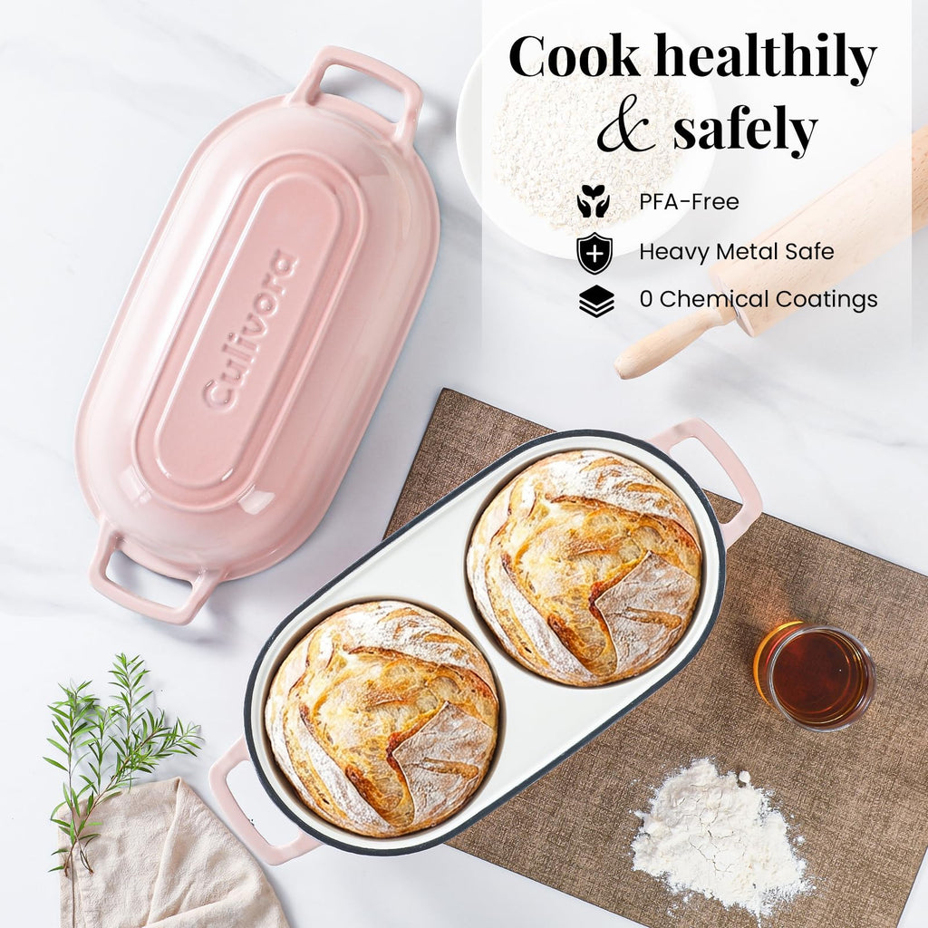 Cast Iron Double Dutch Oven, Mini Enamel Sourdough Bread Pan with Lid, Pink