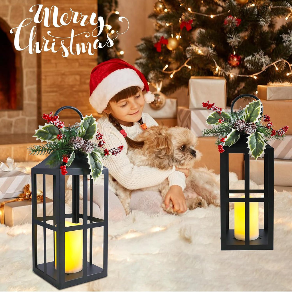 Christmas Lanterns Decorative Indoor Outdoor, 2 Pack Black Christmas Lantern, 18 Inch Timer Decorative Candle