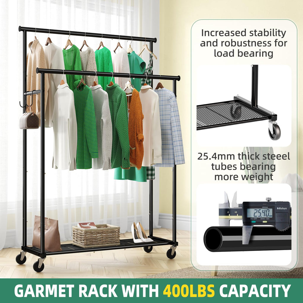 Double Rods Clothes Rack with Wheels Load 400 LBS, 45 Inch Rolling Clothing Rack for Hanging Clothes, Heavy Duty