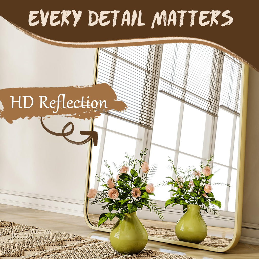 56"x21" Floor Full Length Mirror Standing Full Body Rounded Corner Rectangle Mirrors with Stand Hanging Wall Mounted