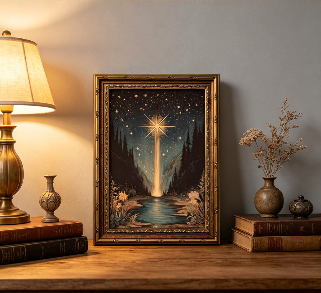Vintage Gold Framed Celestial bodies Starlight Landscape Wall Art, Celestial Night Sky Canvas Print Poster, Magical