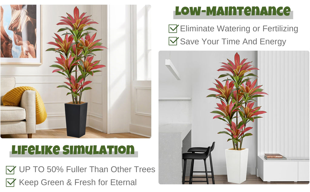 Artificial Red Dracaena Tree 6FT 114 Leaves & White Tall Planter
