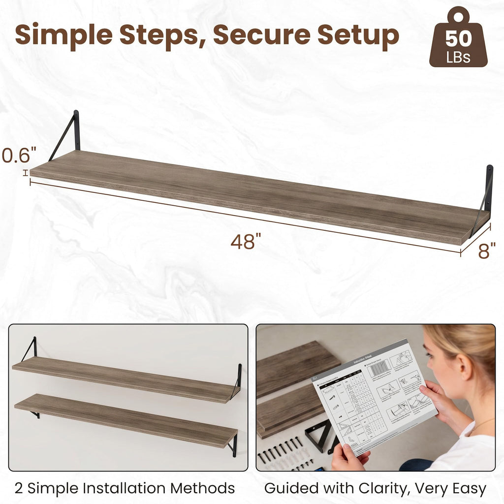 Deep Floating Shelves for Wall, 48W x 8D Rustic Grey Wood Wall Shelves Set of 2, Large Floating Shelf and Decor
