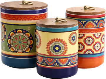 Tunisian Ceramic Canister Counter, 62oz, 40oz, 32oz each, with Wooden Air Tight Lid, Food Storage Jar - Set of 3