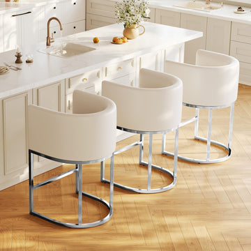Bar Stools Set of 3, 26" Bar Stools with Back Counter, Modern PU Leather Kitchen Counter Stools, Faux Leather Beige