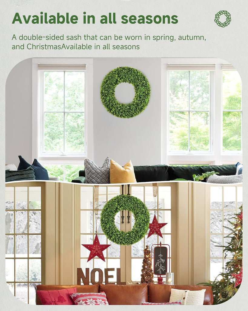 19''Boxwood Wreaths for Front Door,Artificial Spring Wreaths for Farmhouse Wedding Green Year Round Indoor Outdoor