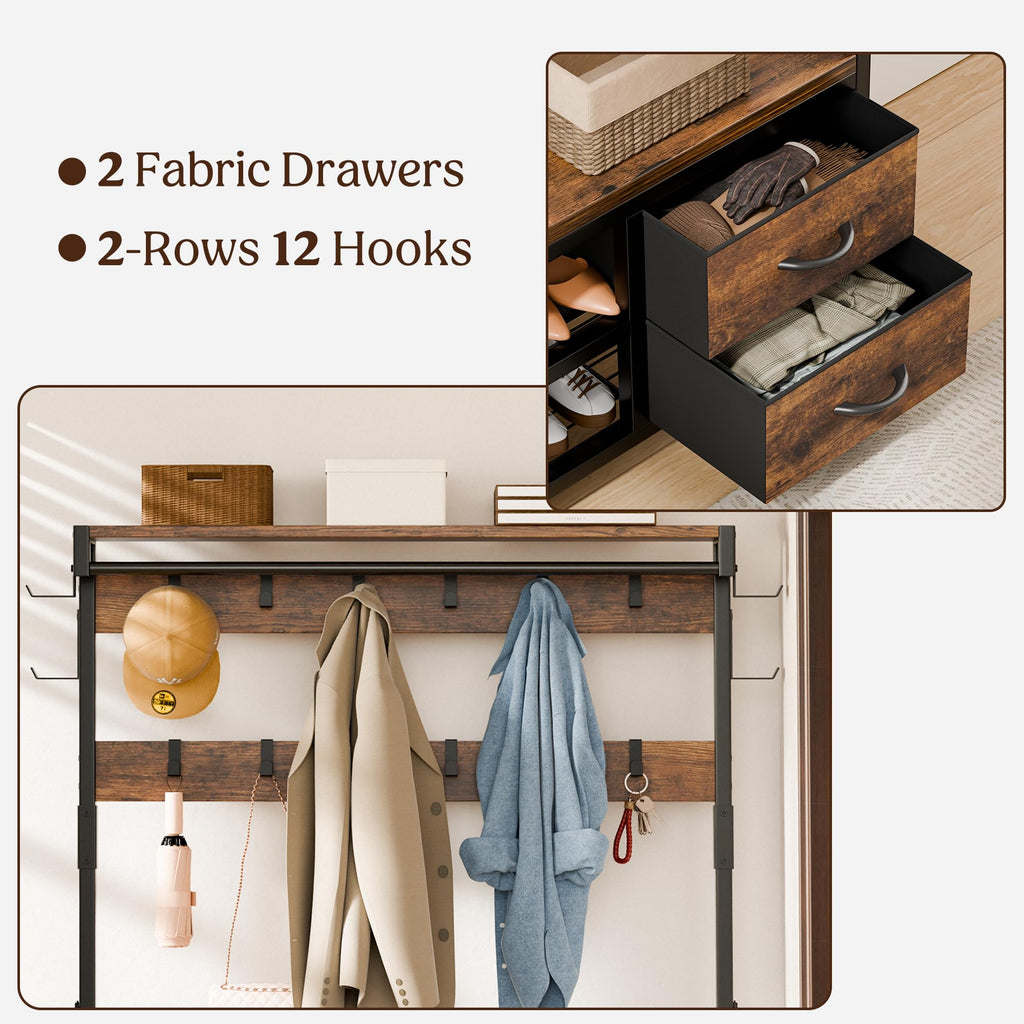 Coat Rack, 39.4" Hall Tree with Shoe Storage Bench, Rustic Brown