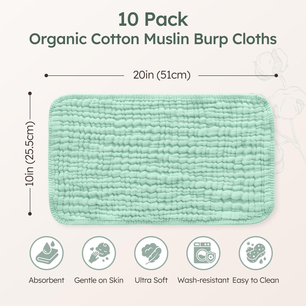 Muslin Burp Cloths for Baby 10 Pack 100% Organic Cotton Baby Washcloths for Boys Girls Large 20''X10'' Super Soft and